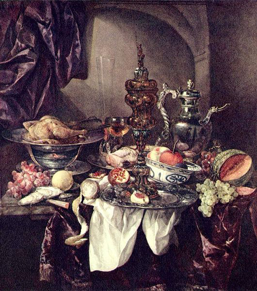 Still life with fruit, roast, silver- and glassware, porcelain and columbine cup on a dark tablecloth with white serviette.